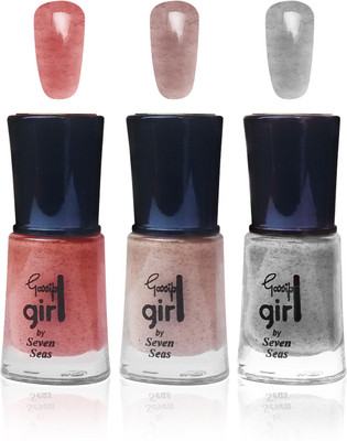

seven seas gossip girl glitter cosmetics makeup nail polish fashion color silver cremy brown peach combo set of 3 peach,silver,cremy brown(Pack of 3)