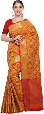 Swaron Woven Banarasi Cotton Blend, Poly Silk Saree(Red, Yellow)