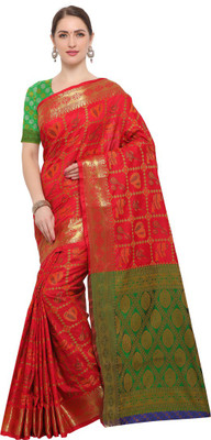 Swaron Woven, Graphic Print Banarasi Cotton Blend, Poly Silk Saree(Red, Green)