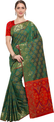 Swaron Woven Banarasi Cotton Blend, Poly Silk Saree(Dark Green, Red)