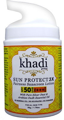 

Khadi Global Sun Protect 3X Fairness SPF 50+ UVB & PA+++ UVA Sunscreen Lotion With Pure Silver Dust & Pure Arabian Oudh Essential Oil 50gm. - SPF 50 PA+++(50 g)