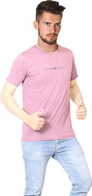FABLUXURY Solid Men Round Neck Pink T-Shirt