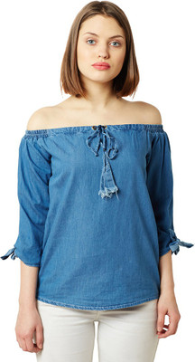 Miss Chase Casual 3/4 Sleeve Solid Women Blue Top