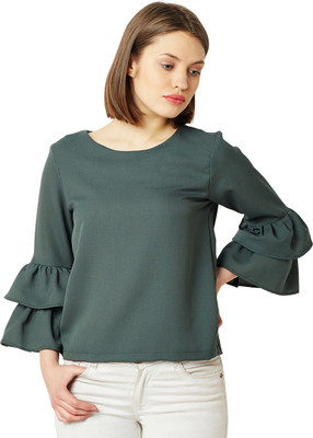 Miss Chase Casual Layered Sleeve Solid Women Green Top
