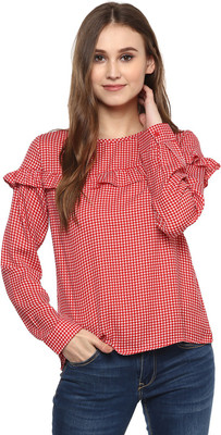 HARPA Casual Cuffed Sleeve Checkered Women Red Top