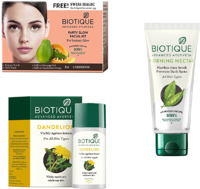 

BIOTIQUE BIO Bio Party Glow Facial Kit, Bio Morning Nectar Face Scrub, Bio Dandelion Ageless Lightening Serum,(Set of 3)