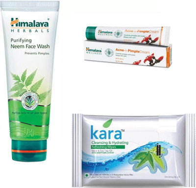 

Himalaya Purifying Neem Face Wash, Acne N Pimple Cream, kara skin care wipes(Set of 3)