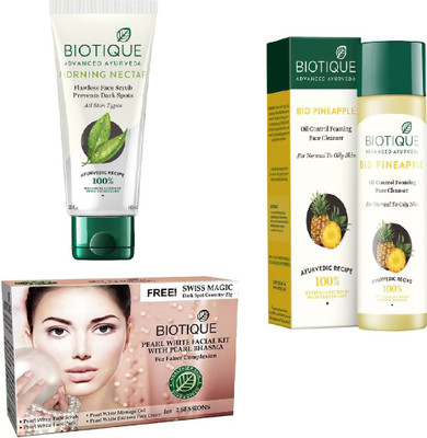 BIOTIQUE BIO Bio Pearl White Facial Kit, Bio Morning Nectar Face Scrub, Bio Pineapple Oil Control Face Cleanser For Normal To Oil Skin(Set of 3)
