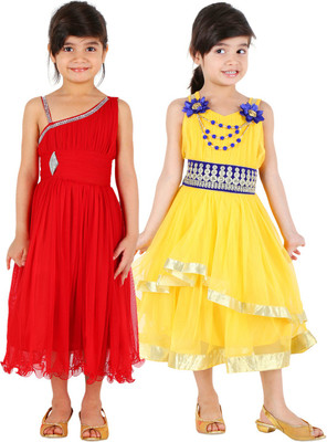 

Tiny Toon Girls Midi/Knee Length Casual Dress(Red, Sleeveless, Red & yellow