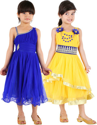 

Tiny Toon Girls Midi/Knee Length Casual Dress(Blue, Sleeveless, Blue & yellow