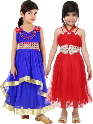 

Tiny Toon Girls Maxi/Full Length Casual Dress(Red, Sleeveless, Red & blue