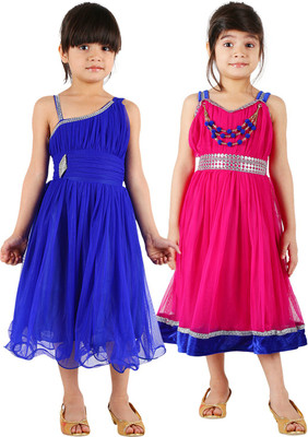 

Tiny Toon Girls Midi/Knee Length Casual Dress(Blue, Sleeveless, Blue & pink