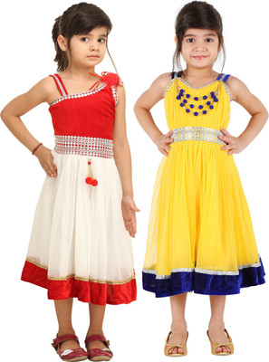 

Tiny Toon Girls Midi/Knee Length Casual Dress(Red, Sleeveless, Red & yellow