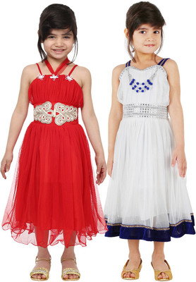 

Tiny Toon Girls Maxi/Full Length Casual Dress(Red, Sleeveless, Red & white