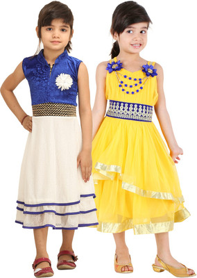 

Tiny Toon Girls Midi/Knee Length Casual Dress(Blue, Sleeveless, Blue & yellow