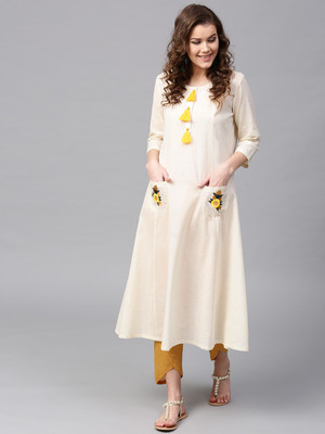 SASSAFRAS Women Embroidered, Solid A-line Kurta(White)