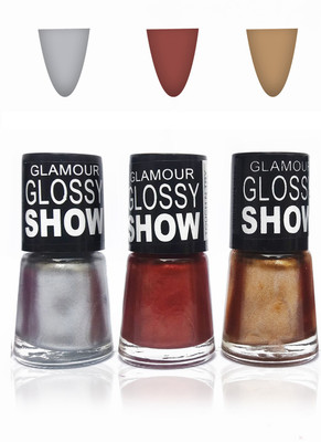 

glamour glossy show cosmetics makeup touch n try glossy nail polish extra shine Fashion color silver maroon gold and Beautiful Combo set of 3 gold,silver,maroon