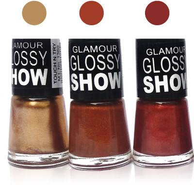 

glamour glossy show cosmetics makeup touch n try glossy nail polish extra shine Fashion color brown maroon gold and Beautiful Combo set of 3 gold,brown,maroon