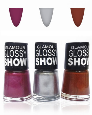 

glamour glossy show cosmetics makeup touch n try glossy nail polish extra shine Fashion color silver dpink brown and Beautiful Combo set of 3 silver,brown,d pink