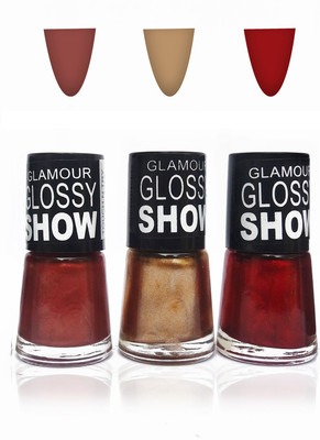 

glamour glossy show cosmetics makeup touch n try glossy nail polish extra shine Fashion color red maroon gold and Beautiful Combo set of 3 gold,red,maroon