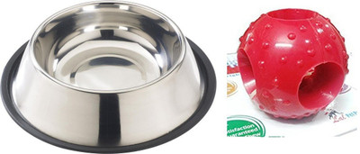

Foodie Puppies Multi Utility Combo Kit for Dogs/Pets (900 ml Stainless Steel Feeding Plain Bowl + Hole Dental Chew Toy) Rubber, Steel Chew Toy For Dog