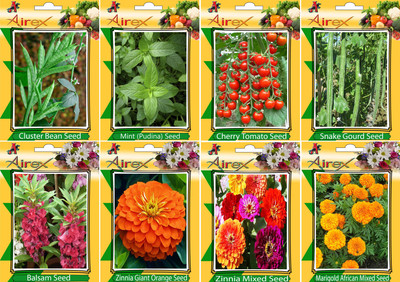 

Airex Cluster Bean, Mint (Pudina), Tomato Cherry, Snake Gourd, Balsam, Orange Zinnia, Zinnia Mixed and Marigold African Mixed Seed + Humic Acid Fertilizer (For Growth of All Plant and Better Responce) 15 gm Humic Acid + (Pack Of 50 seed * 3 Per Pkts of Ve