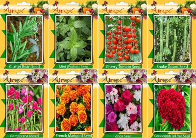 Airex Cluster Bean, Mint (Pudina), Tomato Cherry, Snake Gourd, Gomphrena Mixed, French Marigold, Vinca and Cockscomb Tall Red Seed (Pack Of 25 seed * 4 Per Pkts of Vegetables) + (Pack Of 25 Seed * 4 Per Pkts Flower) Seed + Get 1 Packet of Herb Seed Free Seed(25 per packet)