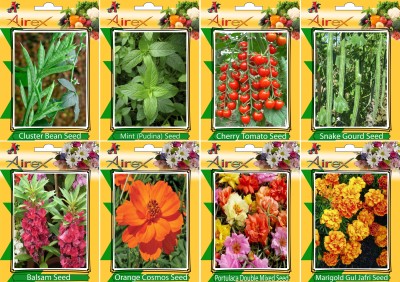 Airex Cluster Bean, Mint (Pudina), Tomato Cherry, Snake Gourd, Balsam, Orange Cosmos, Portulaca Mixed and Marigold Gul Jafri Seed (Pack Of 25 seed * 4 Per Pkts of Vegetables) + (Pack Of 25 Seed * 4 Per Pkts Flower) Seed + Get 1 Packet of Herb Seed Free Seed(25 per packet)