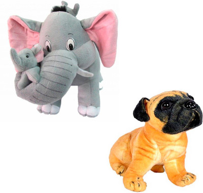 

ATTRACTIVE 42cm CUTE SOFT MOTHER BABY ELEPHANT WITH 25cm SOFT PUG DOG - 42 cm(GREY&BROWN)