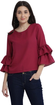 Miss Chase Casual Layered Sleeve Solid Women Maroon Top