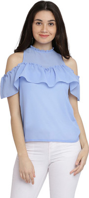 Miss Chase Casual Sleeveless Solid Women Blue Top