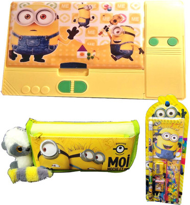 TECHNOCHITRA Minion Theme Birthday Gift Set Combo with Jumbo Pencil Box,Minion Stationery Pouch with Keyring and Complete Stationery Set(Set of 3)