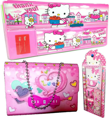 

TECHNOCHITRA Hey Kitty Theme Birthday Gift Set Combo with Jumbo Pencil Box,Heart Purse Lock Diary and Complete Stationery Set(Set of 3)