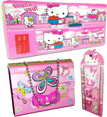 TECHNOCHITRA Hey Kitty Theme Birthday Gift Set Combo with Jumbo Pencil Box,Butterfly Purse Lock Diary and Complete Stationery Set(Set of 3)