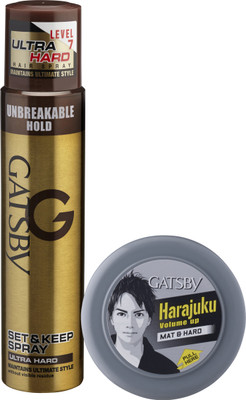 

Gatsby Set and Keep Ultra Hard Hair Spray 250ml & Hair Styling Wax Mat and Hard 75g(Set of 2)