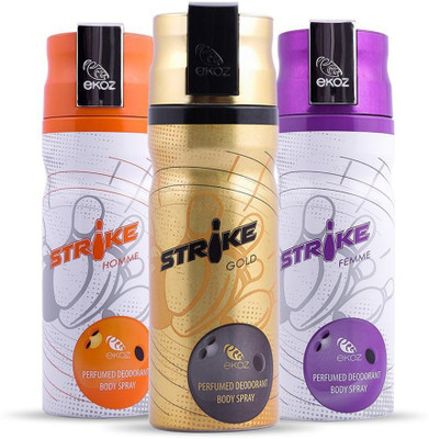 

EKOZ STRIKE HOMME,GOLD AND FEMME Perfume Body Spray - For Men & Women(600 ml, Pack of 3)