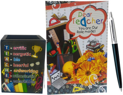 

Saugat Traders 3 Compartments Wood Best Teacher Gift Combo Of Pen Stand, Teacher Cards And Parker Pen(Black)