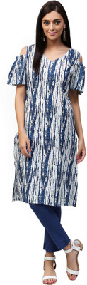 Aks Women Printed Straight Kurta(Blue, Beige) Aks Women Printed Straight Kurta(Blue, Beige)