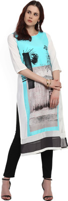 W Women Printed Straight Kurta(Light Blue, White)