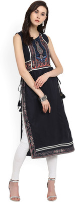 W Women Printed Straight Kurta(Dark Blue)