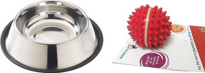 

Foodie Puppies Multi Utility Combo Kit for Dogs/Pets (900ml Stainless Steel Feeding Plain Bowl + Spike Dental Chew Toy) Rubber Chew Toy For Dog