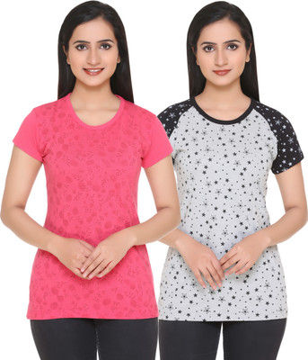 69GAL Printed Women Round Neck Multicolor T-Shirt(Pack of 2)