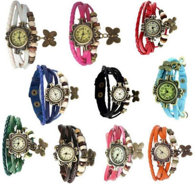 

Freny Exim Attractive stylish combo watch of 10 Vintage butterfly leather colour strap watch womens watch Vintage collection Watch - For Girls
