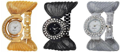 

Freny Exim Zulla style queen combo black silver golden colour diamond studded dial bracelet strap womens watch Premium watch Watch - For Girls
