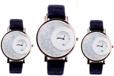 

Freny Exim New stylish attractive combo watch of 3 all black movable diamond beads Big dials thick New stylish leather strap womens watch Stylish designer Watch - For Girls