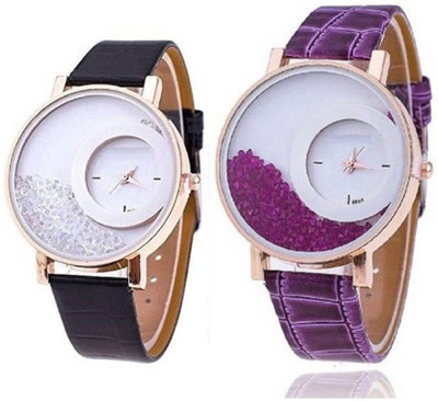

Freny Exim New stylish attractive combo watch black purple movable diamond beads Big dials thick New stylish leather strap womens watch Stylish designer Watch - For Girls