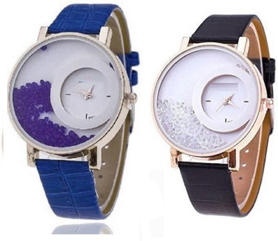 

Freny Exim New stylish attractive combo watch blue black movable diamond beads Big dials thick New stylish leather strap womens watch Stylish designer Watch - For Girls