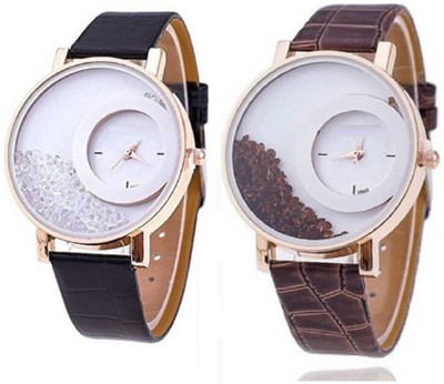 Freny Exim New stylish attractive combo watch black brown movable diamond beads Big dials thick New stylish leather strap womens watch Stylish designer Watch - For Girls