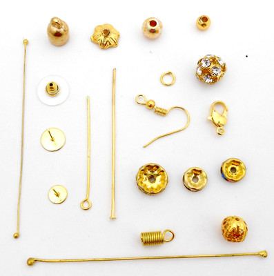 

jaz Jaz's All Golden Finished Kit-Findings For Jewellery Making or Repairing Kit - Head Pins, Eye Pins, Earring Hooks,Ball Head Pins, Lobster, Dori End, Earring stud , Earring Push Bullet, Jump Rings, Beads, Bead Cap, Rhinestone Spacer 10 pcs Each.