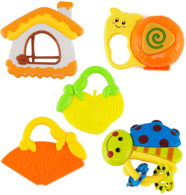 

Wishkey Baby Rattle and Teether Toys for Infants Non Toxic with Mild sound Set of 5 Rattle(Multicolor)